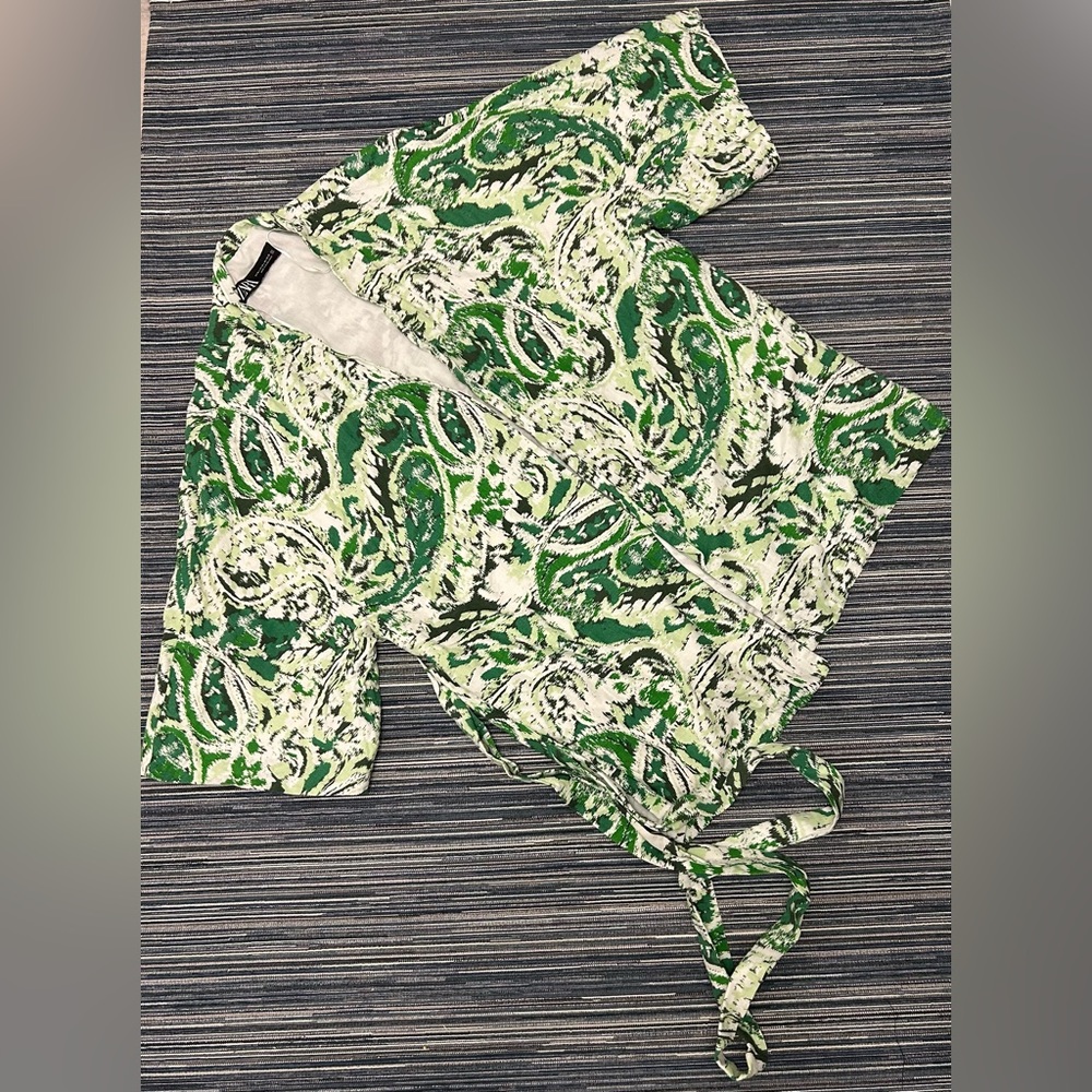 Zara Size M-L Green and White Paisley Printed Linen-Blend Lined Kimono with Belt - Picture 4 of 10
